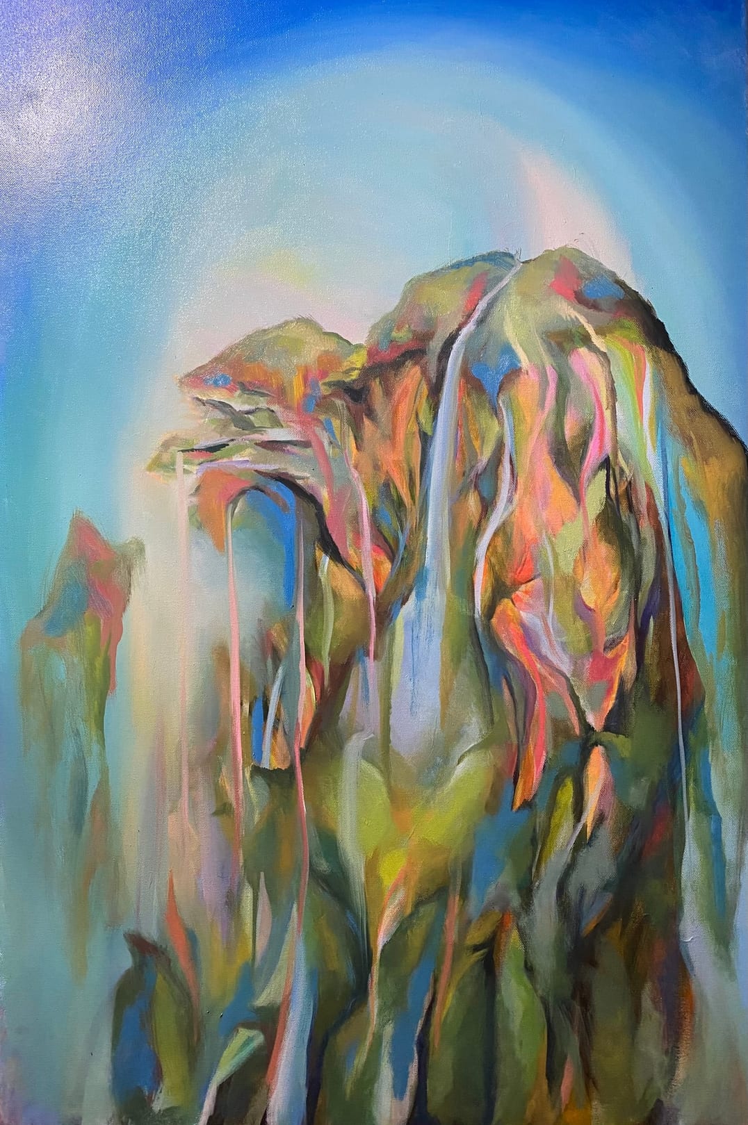 Mountain II, original oil painting on canvas by Mia Cugasi, a rainbow-veined cliff with a waterfall beneath a soft halo of light, 24 by 36 inches