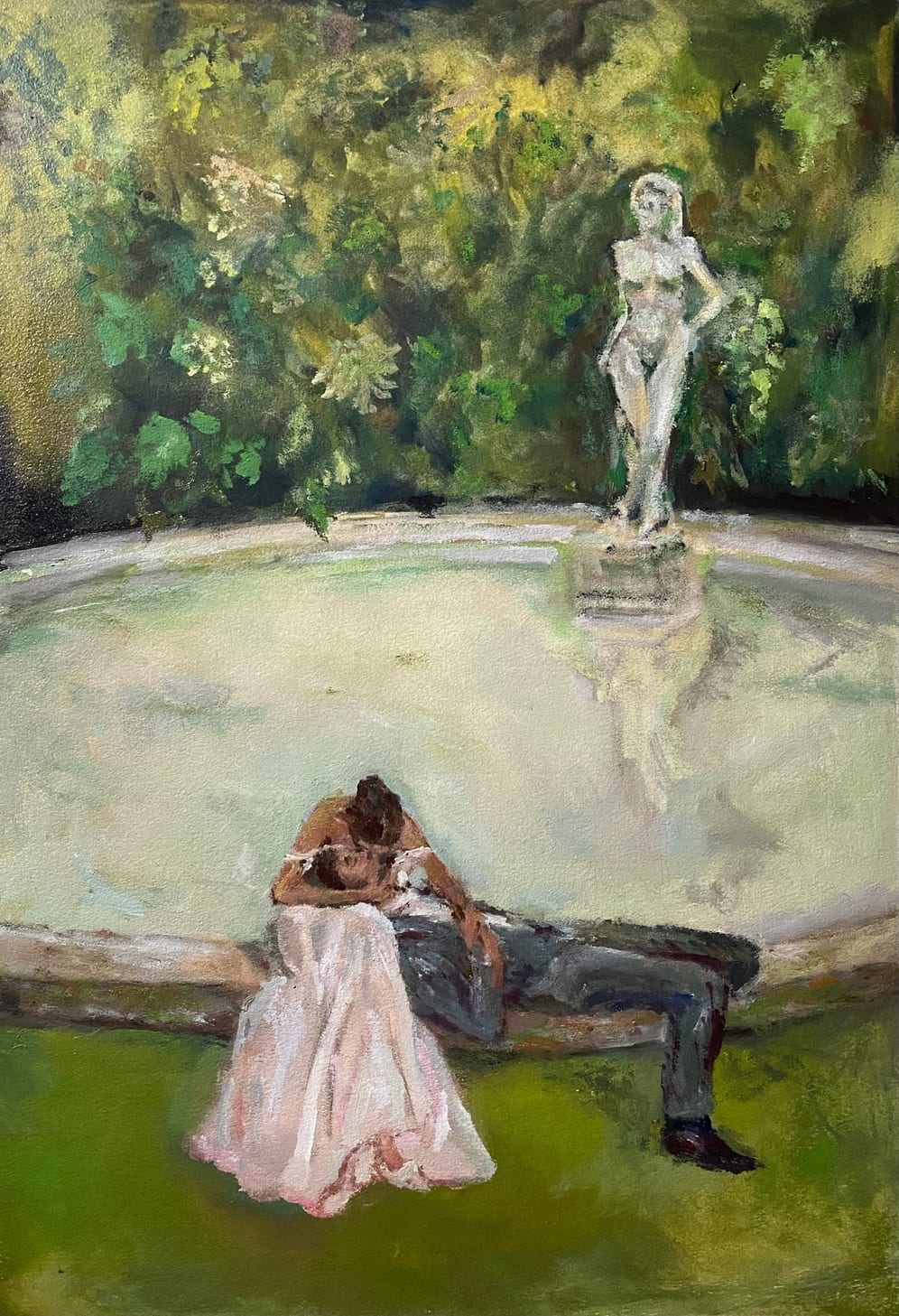 Newly Wed, original oil painting on canvas by Mia Cugasi, a bride and groom embracing on the rim of a garden fountain beneath a classical statue, 12 by 18 inches