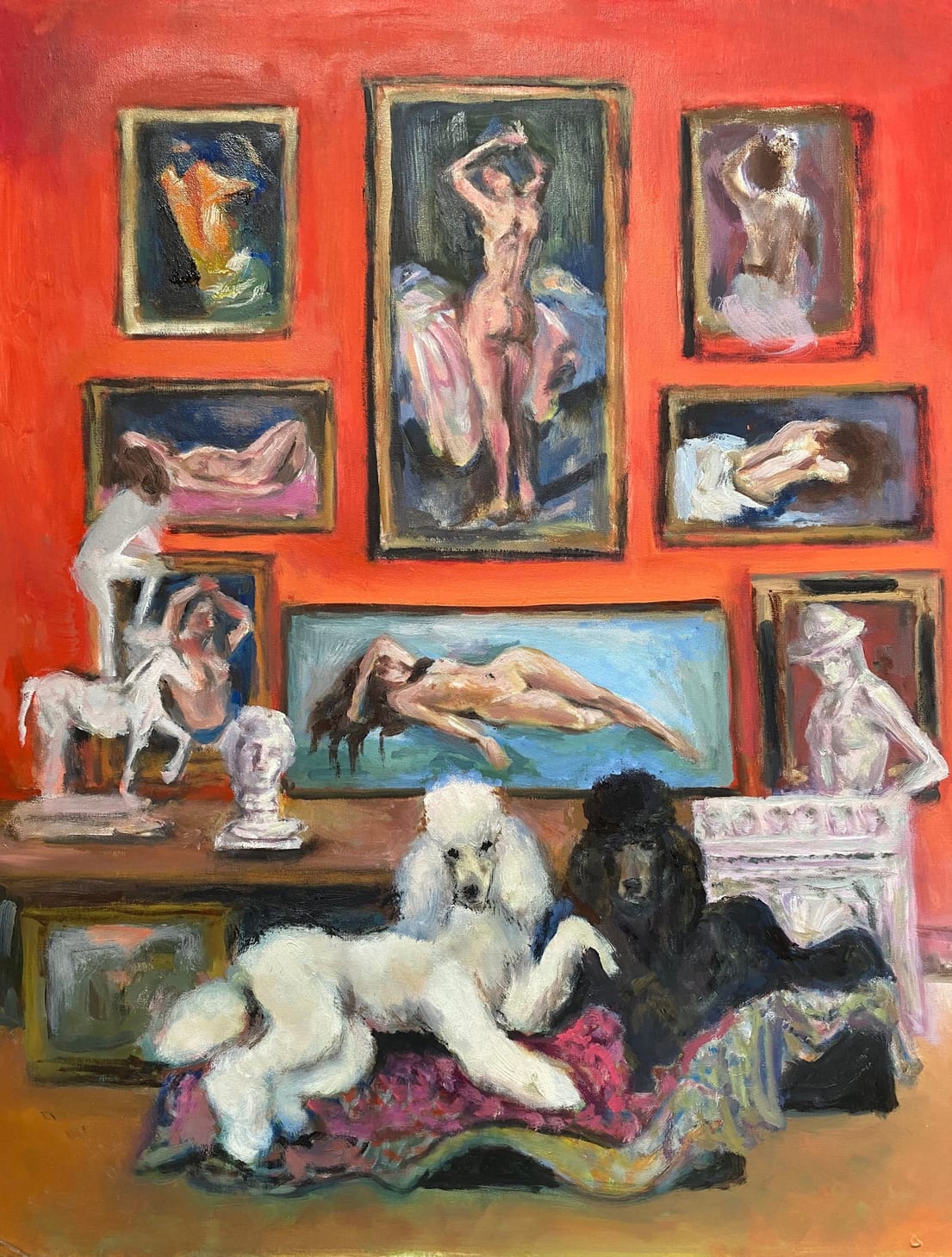 The Collectors, original oil painting on canvas by Mia Cugasi, a white poodle and a black poodle lounging before a red salon wall hung with framed nudes and plaster statues, 16 by 20 inches