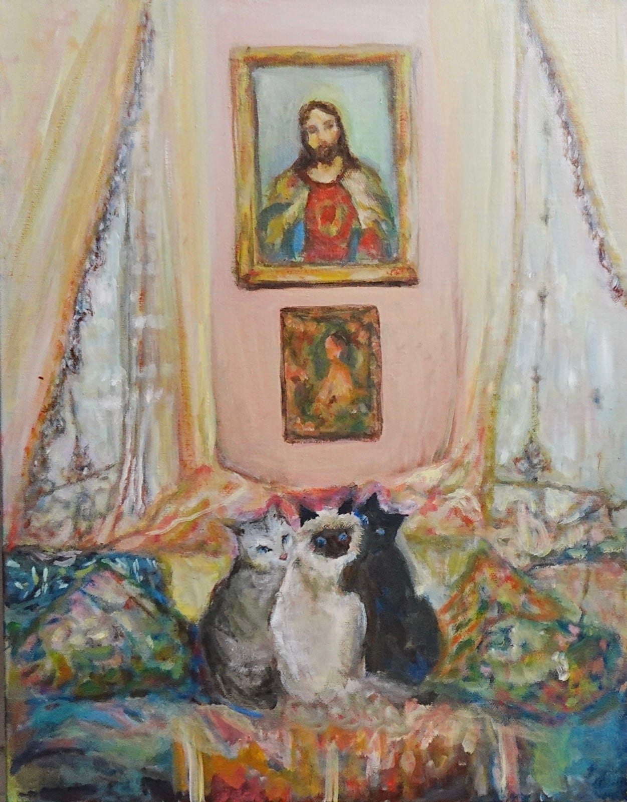 Wise Cats, original oil painting of cats on canvas by Mia Cugasi, 18 by 14 inches